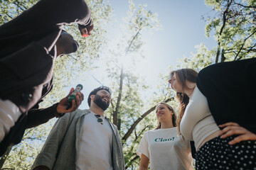 A joyful, carefree gathering of diverse friends in an urban park, captured as they laugh and enjoy...