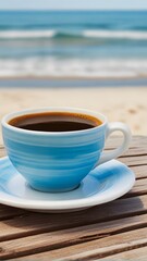 cup of coffee on the beach, ai generated