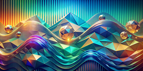 The vibrant composition features geometric shapes and wavy patterns with a metallic sheen. Spheres that look like polished orbs scatter across the landscape, enhancing the 3D effect.AI generated. - obrazy, fototapety, plakaty