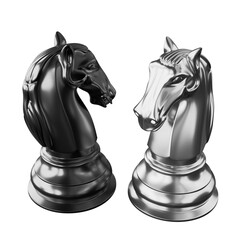 Black and white chess pieces - knights. Transparent background. Isolated. 3D Render.