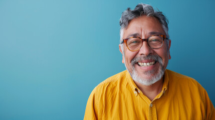 Obraz premium A man with glasses is smiling and wearing a yellow shirt