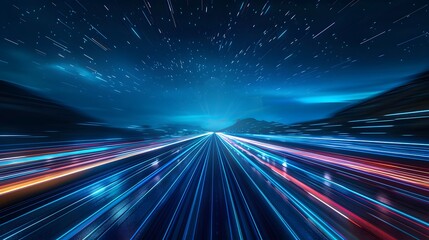 Blue technology light speed background with blue and white lines, dark night sky with road to the horizon, motion blur effect. A high speed car or train moving fast on the highway with a motion 