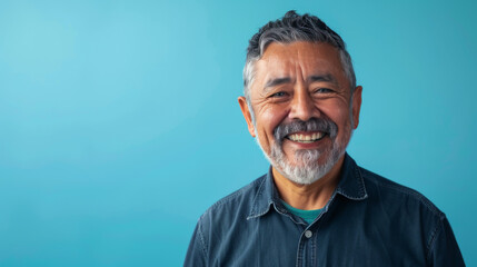 Obraz premium A man with a big smile on his face is standing in front of a blue wall