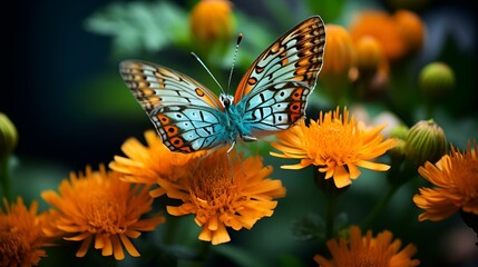  Vector clipart of a blue butterfly on orange flowers