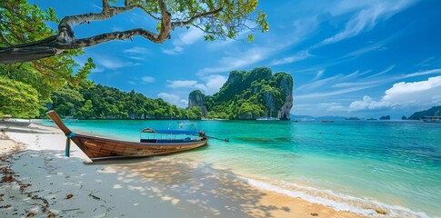 Landscape of koh Phi Phi Don island, Nui beach with speed boat in Krabi, Thailand 
