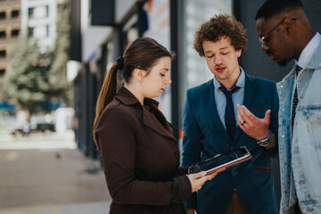 A multiracial group of business professionals engaged in a serious discussion while using a digital...