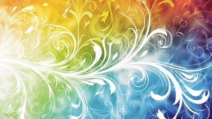 Rainbow colored background with white swirls and a floral pattern in the style of nature.