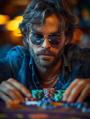 Poker or Blackjack player. The man is sitting, plays with chips  on a casino cards table with sunglasses 