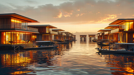 Stilt Houses and Reflections in Southeast Asian Village at Sunset, Traditional Waterfront Living