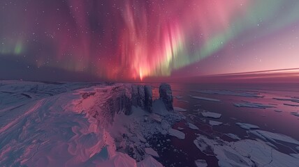 Northern lights over a snowy Lapland landscape - obrazy, fototapety, plakaty