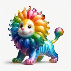 A stunning blown glass sculpture of a playful, cute Lion with seamlessly blended rainbow colors, white background - obrazy, fototapety, plakaty