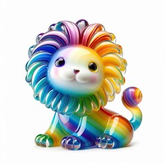 A stunning blown glass sculpture of a playful, cute Lion with seamlessly blended rainbow colors, white background - obrazy, fototapety, plakaty