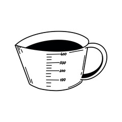 Measuring cup in vector format for kitchen design. The glass is drawn in vector with a black outline on a white background. Suitable for kitchen design, textiles, paper, scrapbooking, creativity.