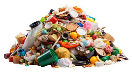 Big pile of mixed waste highlighting the urgent need for effective sorting and recycling. Mixed waste sorting theme, pollution, trash mountain, food and plastic waste. Transparent background.