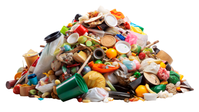 Big pile of mixed waste highlighting the urgent need for effective sorting and recycling. Mixed waste sorting theme, pollution, trash mountain, food and plastic waste. Transparent background.
