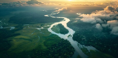 River sunrise in tropical Costa Rica, Corcovado NP. Lakes and rivers, view from the plane. Green grass in Central America.
