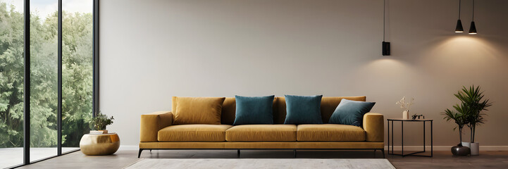Modern sofa and empty wall in living room interior, modern design, mock up furniture decorative interior