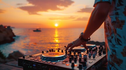 Dj playing a track at summer evening on the shore of a warm sea. Dj mixes the track at outdoor...