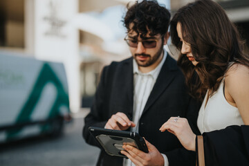 Two professionals engage in a business review using a digital tablet in an urban outdoor setting.