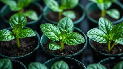 a group of small green plants in small plastic pots