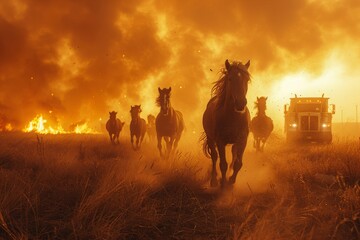 Herds of horses galloping away from wildfire through a smoke-filled landscape at dusk, concept of wildlife danger and natural disasters