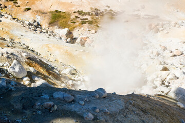 unique and breathtaking panoramic view into the Bumpass hell valley of the lassen volcanic national park, California