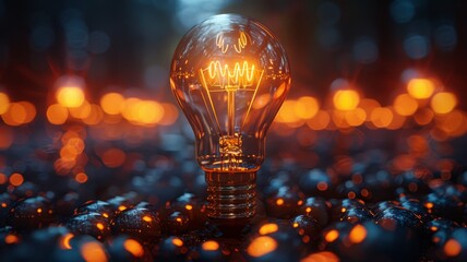 Inspiration, concept, creativity, a light bulb with a lot of lights in the background