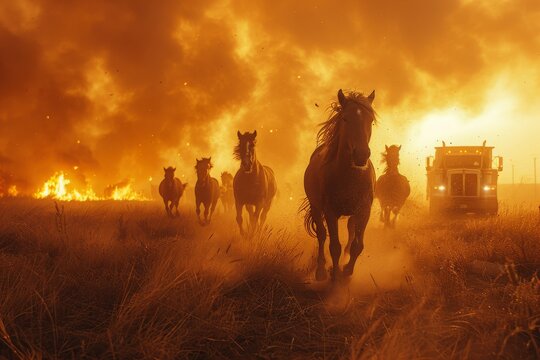 Herds of horses galloping away from wildfire through a smoke-filled landscape at dusk, concept of wildlife danger and natural disasters - Powered by Adobe