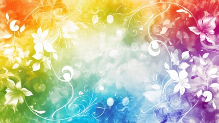 Rainbow colored background with white swirls and a floral pattern in the style of nature.