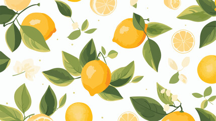 Seamless tropical pattern with yuzu and leaves on w