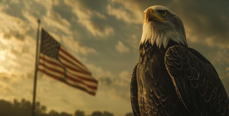 Proud bald eagle standing tall next to a flagpole with the American flag flying high, american independence day concept - obrazy, fototapety, plakaty