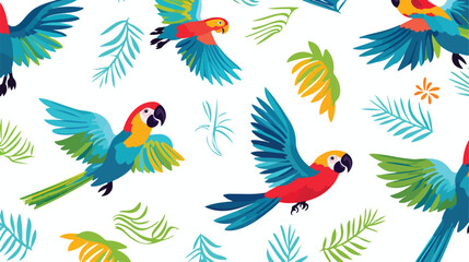 Seamless pattern with tropical parrots flying on wh