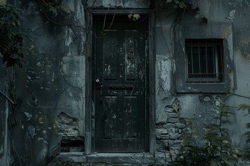 A black door with a rusty lock sits in front of a building