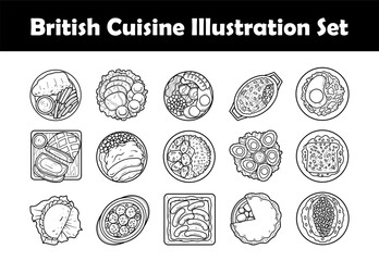 British cuisine top view vector outline illustration set