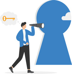 Businessman finds new business opportunities. Key to opening up new opportunities. vector illustration in flat style

