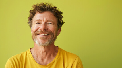 Obraz premium A man with a beard and a yellow shirt is smiling
