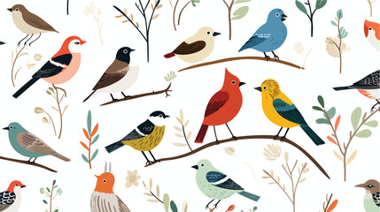 Seamless pattern with wild forest birds on white ba