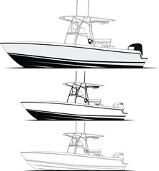 High-quality line drawing vector fishing boat black, white, and color illustration for t-shirt.