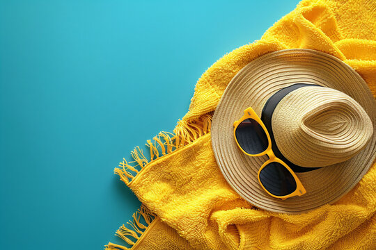 Straw hat and yellow sunglasses on a yellow beach towel with teal background. Summer vibe and beach vacation concept for design, poster, and banner. Flat lay composition with vibrant colors.