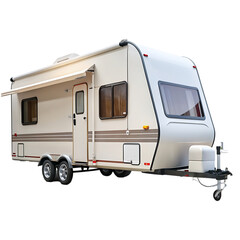 Vacation trip with Caravan Car on road. Camper and Summer drive on highway. Holiday journey