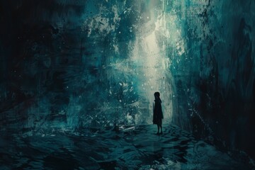 A girl stands in a dark room with a blue background