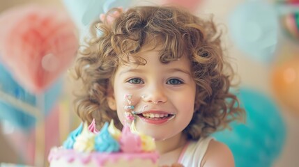 Joyful Birthday Celebration: Adorable Girl with Pastel Cake