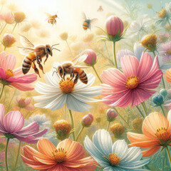 Generative AI beautiful view of animals Bees perched on flowers up close, beautiful flower views blooming with pollinating bees, beautiful views of flower plants infested by bees, bees and flowers