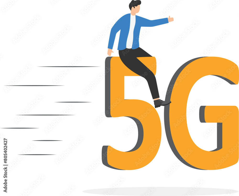 Leinwandbilder businessman riding word 5g on loading status, the concept of loading file at 5g speed on computer or