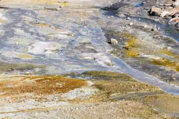colorful hot water stream into the Bumpass hell at lassen volcanic national park, california