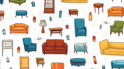 Seamless pattern with various cozy furniture drawn