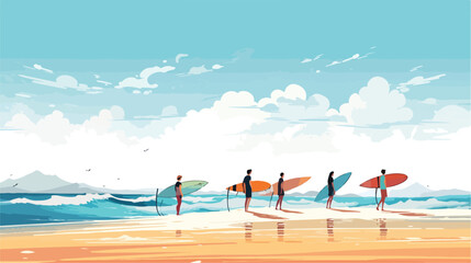 Seasonal postcard template with group of male surfe