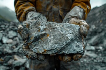 Weathered hands of a laborer holding a large, craggy rock against a bleak landscape, Concept of hard labor and the rawness of nature - obrazy, fototapety, plakaty