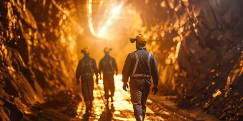 Three male industrial workers in a mine, wearing protective gear and helmets, walking.