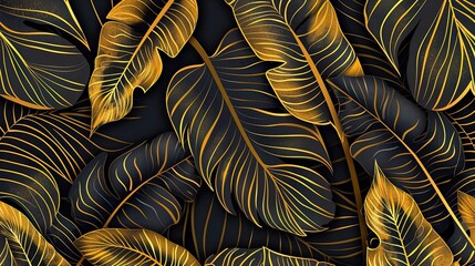 Luxurious Tropical Leaf Wallpaper: Golden Banana Leaf Design
